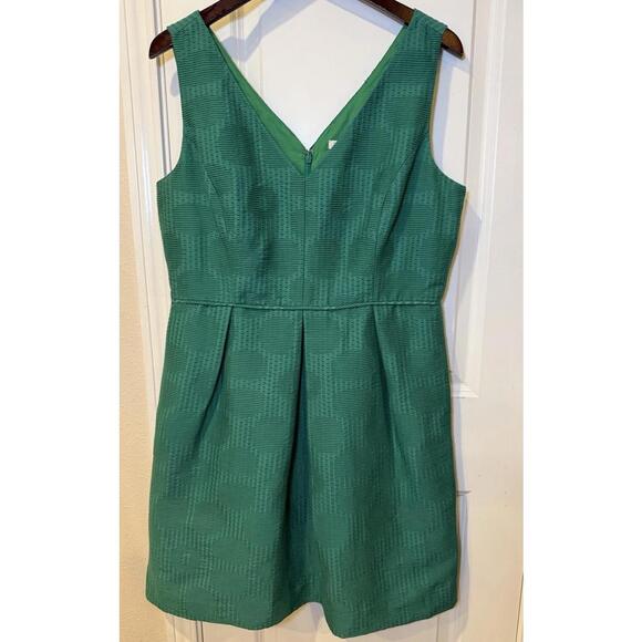J.Crew Jacquard V-Neck Dress Size 14 Dublin Green Pleated Skirt Cotton - Picture 6 of 9